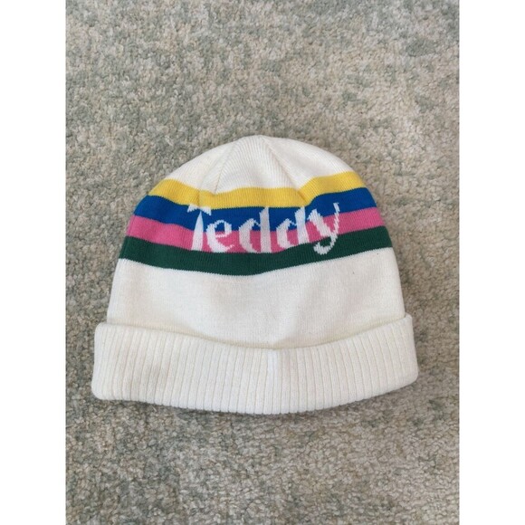 Teddy Fresh Beanie Official Hat Pastel Striped One Size White Knit Winter - Picture 1 of 5